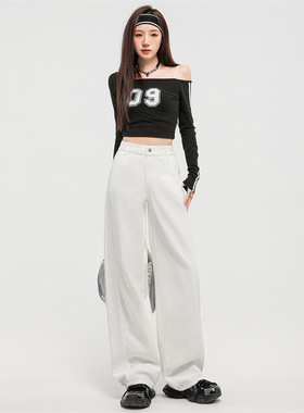 美式甜辣白色阔腿牛仔裤女春季2025年新款高腰显瘦宽松垂感弯刀裤