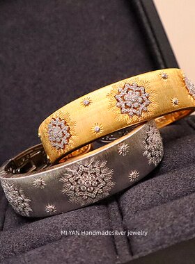 雪花手镯意大利手工拉丝工艺金色开口欧美镶钻轻奢银镀金手镯