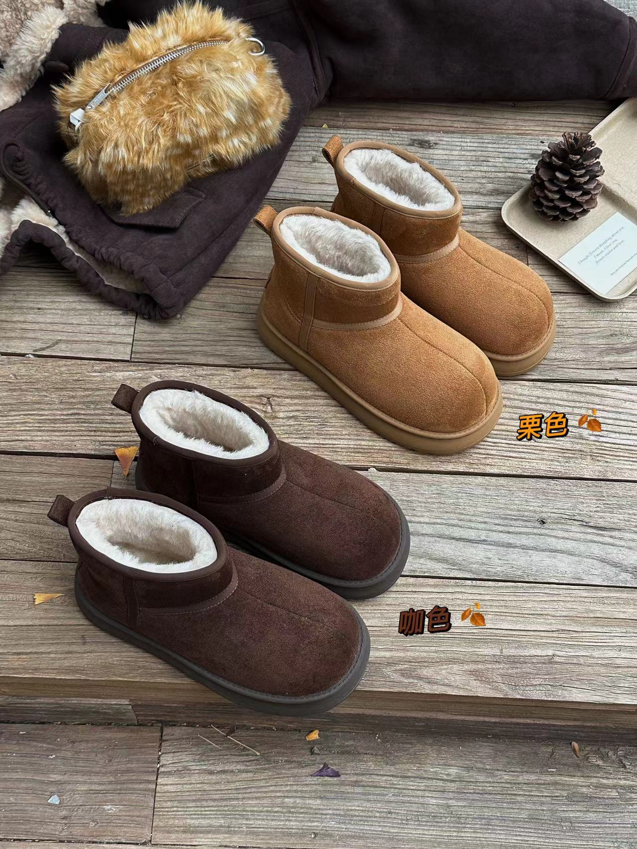 牛反绒毛圈厚底短靴2025新款加绒勃肯鞋保暖加厚雪地靴她致3230