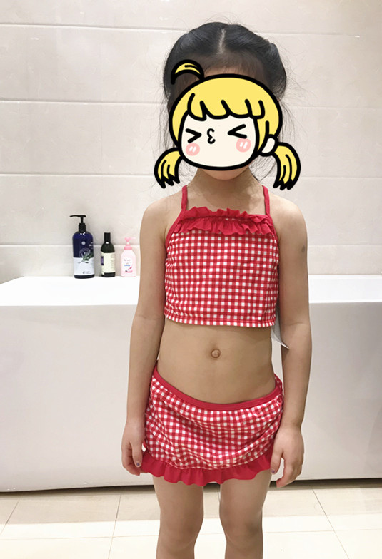 外单可爱女童红色格子分体泳装带裙款