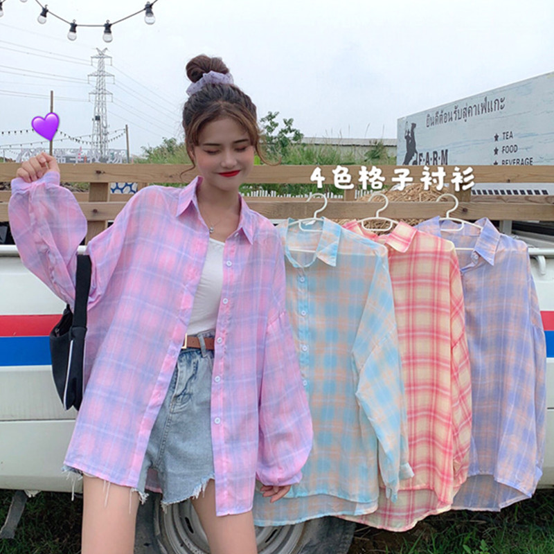 Real shot real price western style age reduction Pink Plaid Shirt Female Minority loose Korean sunscreen shirt