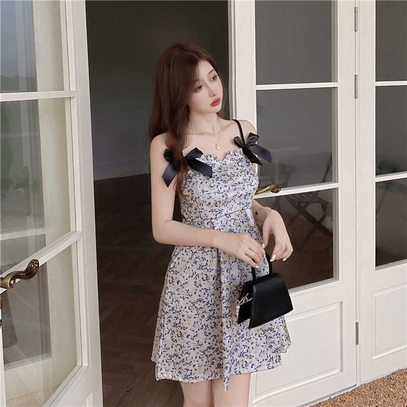 Real auction real price suspender dress French bow retro Court Style Floral Skirt tea break skirt