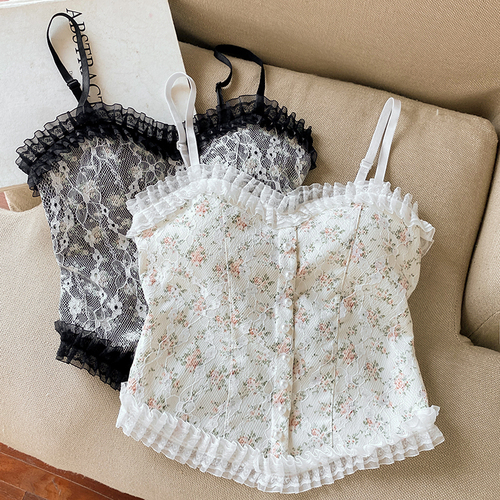 Real shooting special price without reducing wood ear printed lace suspender short slim, exposed navel, wearing small vest Fairy