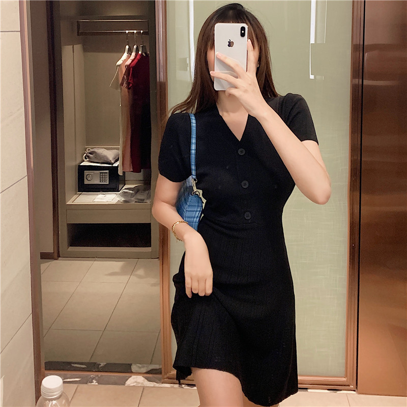 Real price new style temperament collar short sleeve skirt slim fit show hip short skirt knitted dress