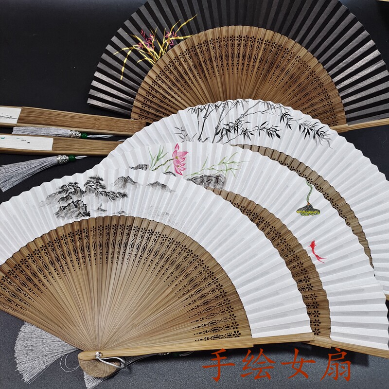 日式和风工艺扇手绘女士折扇6.5寸双面折叠空白纸扇可书画配流苏