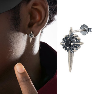 ACITY喜城925纯银黑钻十字架鸢尾花耳钉男女高级感北极星耳环耳饰