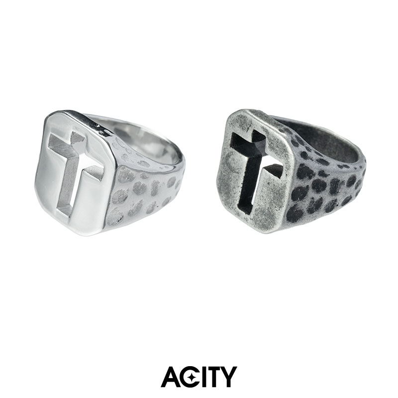 ACITY喜城嘻哈霸气十字架戒指男女欧美复古做旧朋克宽面钛钢指环