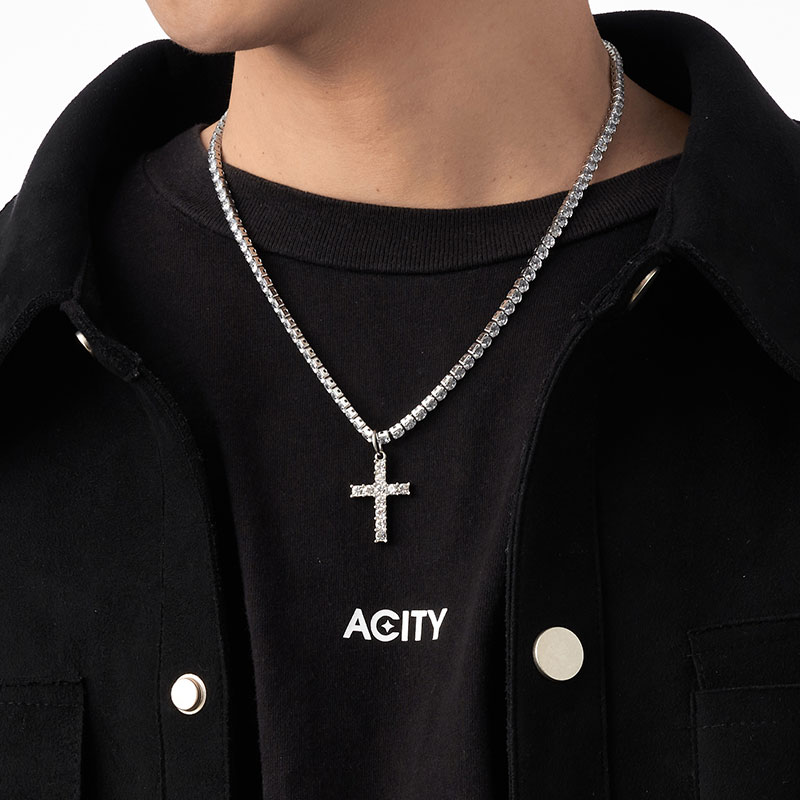 ACITY喜城镶钻十字架项链钛钢