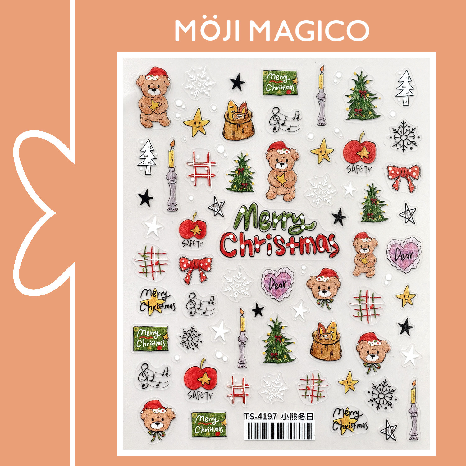 茉季圣诞节冬日小熊薄韧平面美甲贴纸防水指甲贴装饰贴花饰品4197