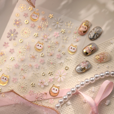 茉季招财猫樱花果冻胶烫金美甲贴纸防水指甲贴装饰贴花饰品M1026