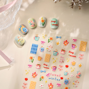 茉季 饰贴花饰品4238 卡通小花蝴蝶结立体浮雕美甲贴纸防水指甲贴装