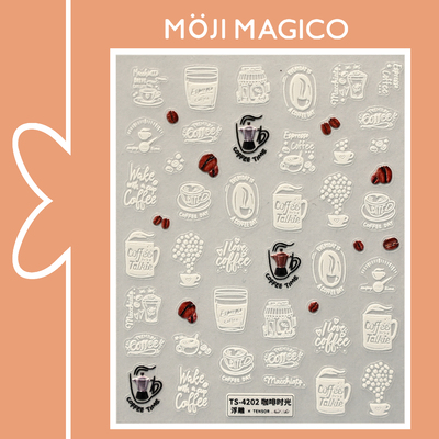 茉季咖啡时光微浮雕美甲贴纸防水指甲贴装饰贴花饰品4202