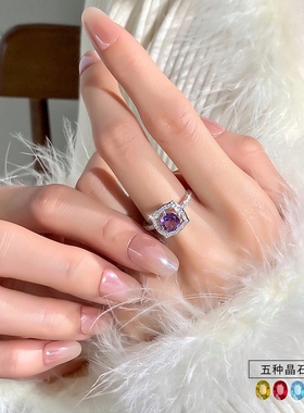 跨境热卖s925纯银方形公主戒指女奢华欧美火焰冰花切天然晶石手饰