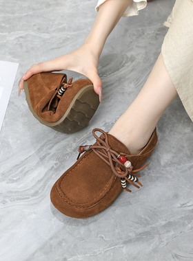 厚底袋鼠鞋女2025新款真皮增高勃肯鞋英伦风系带休闲单鞋加大码42