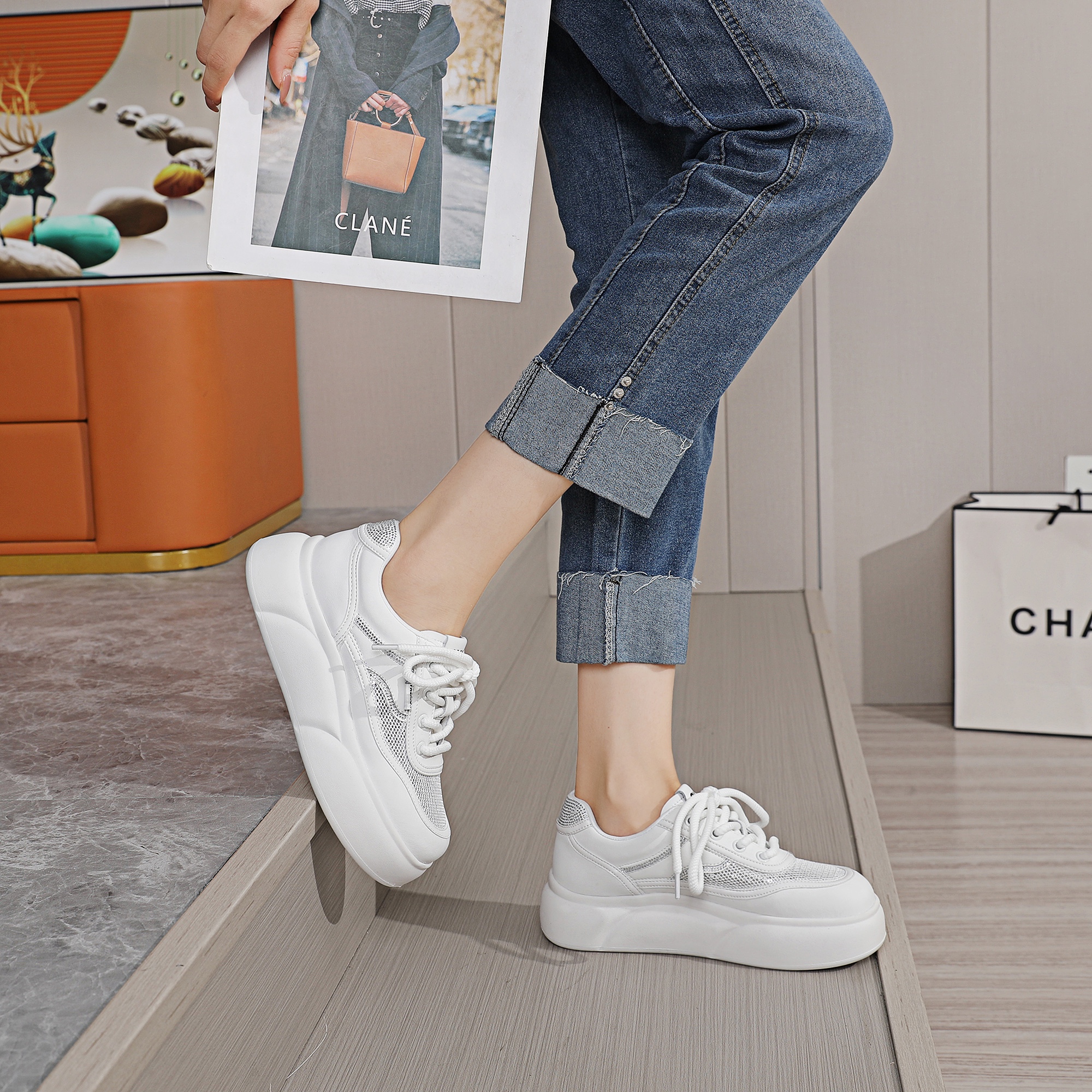 烫钻夏季透气增高小白鞋厚底百搭