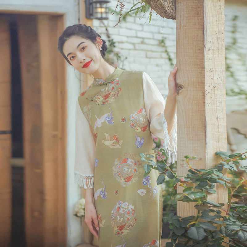 夏季改良旗袍日常可穿七分袖复古中国风长款显瘦连衣裙茶艺师茶服