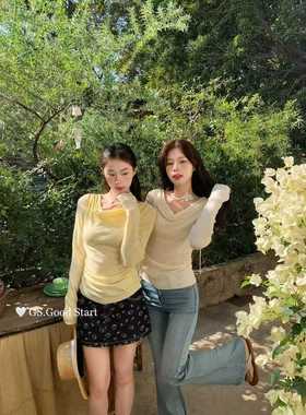 G.SGood start韩系D1029新款斜肩扣子褶皱设计长袖上衣修身小衫女