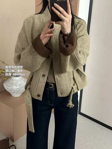欣尧65205 秋冬女新款复古氛围感工装羊毛外套短款上衣撞色拼接