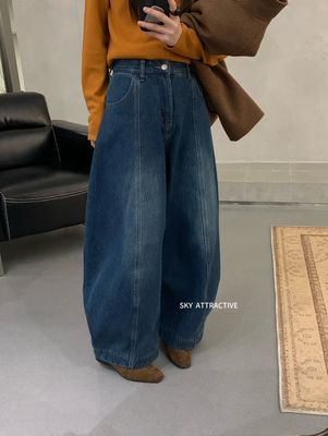 SKY3016韩系秋冬新显瘦高腰直筒休闲女百搭阔腿气球弯刀牛仔裤子