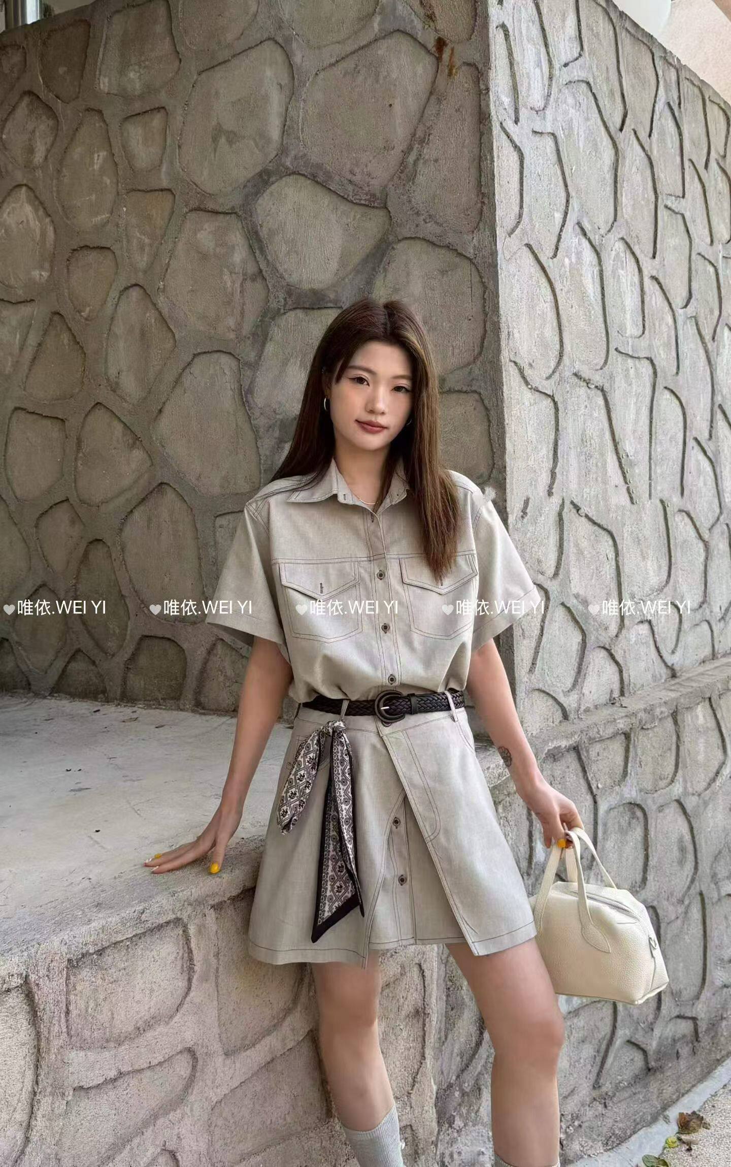 韩系2026春夏新款女宽松显瘦洗水牛仔短袖长衬衫连体屁帘两件套