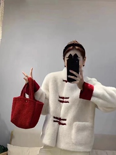 新中式 女装 红色盘扣皮毛一体皮草外套高仿欧貂黄金貂外套 新款 春装