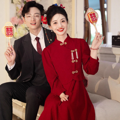 晨袍敬酒服新娘长袖新中式旗袍红