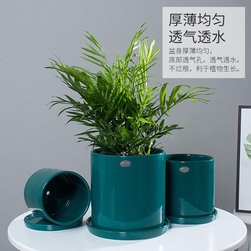 外贸轻奢花盆陶瓷带分离式托盘直筒出口欧式简约田园现代装饰花器