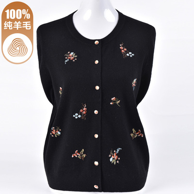 春秋冬妈妈装黑色纯羊毛衫外套新款中老年女装针织衫奶奶毛衣开衫