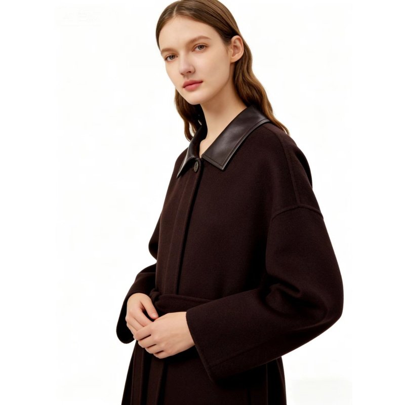 【山羊绒+澳毛】新款毛呢外套女皮领巴恩风2025冬轻奢双面呢大衣