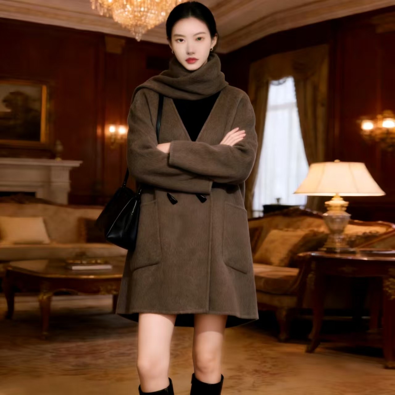 大码女装长袖毛呢外套韩系复古女羊毛外套ins女装短宽松围巾大衣