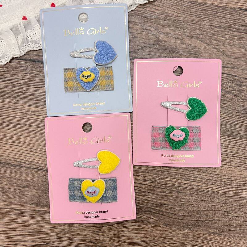 满88包邮韩版新款简约格纹爱心刺绣布艺儿童BB夹刘海夹