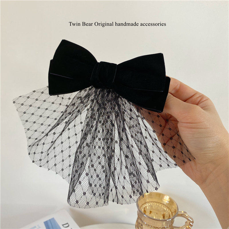 小夸张黑色网纱晚宴丝绒百搭质感小香风名媛风蝴蝶结发夹边夹头夹