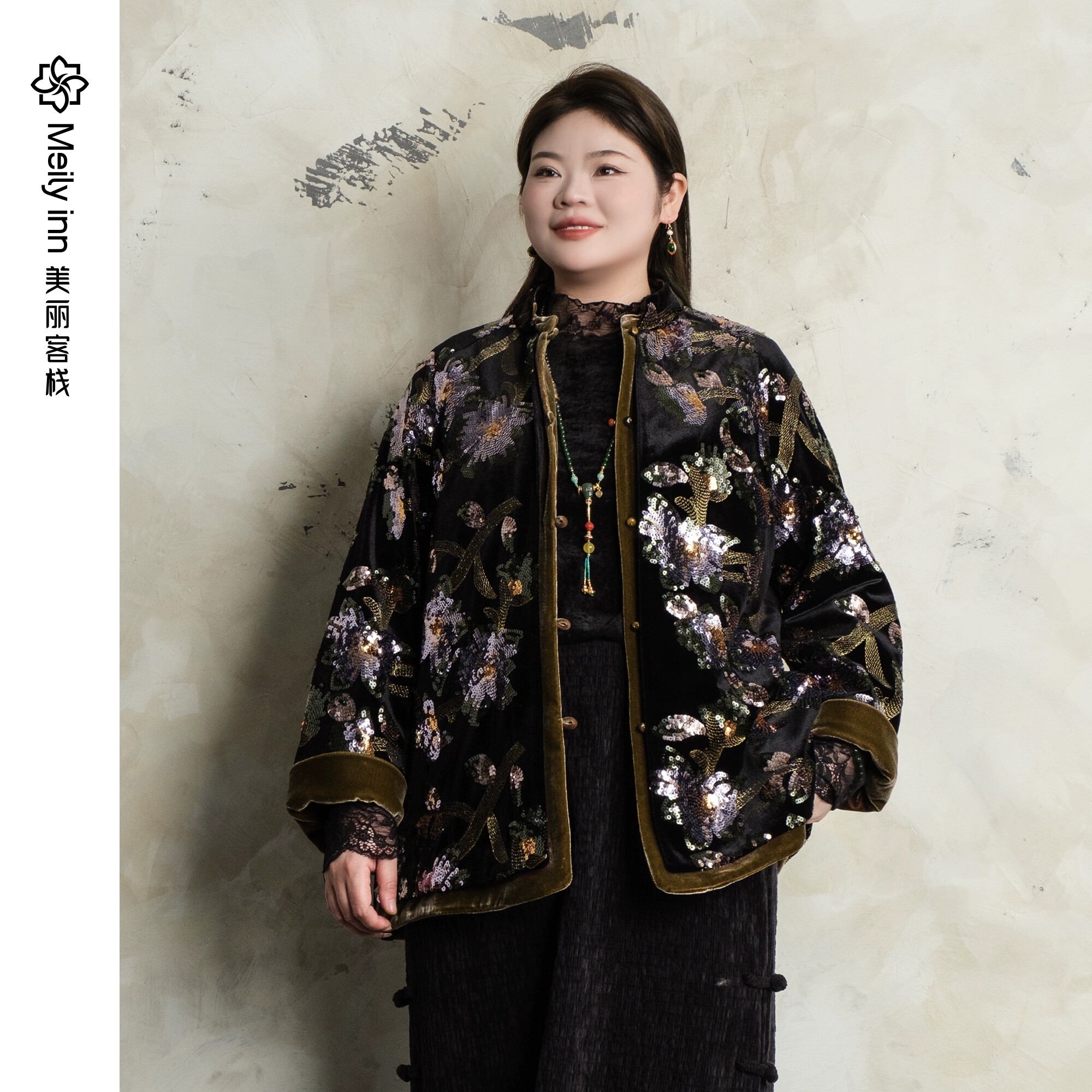 美丽客栈新中式刺绣重工亮片绣花撞色丝绒外套原创高端大码女装