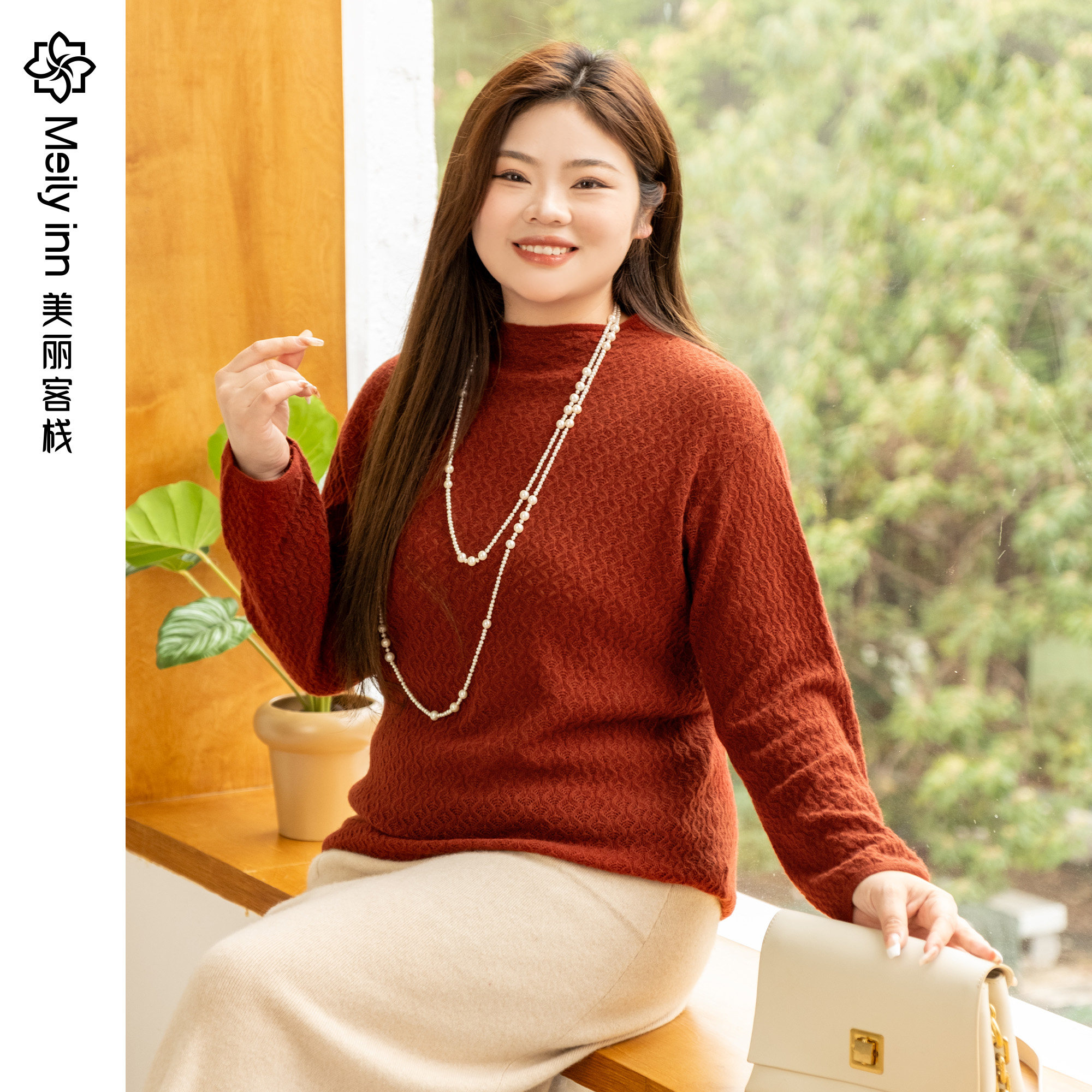【暖融秋色】美丽客栈双色小高领羊绒衫大码女装秋冬新款针织衫女