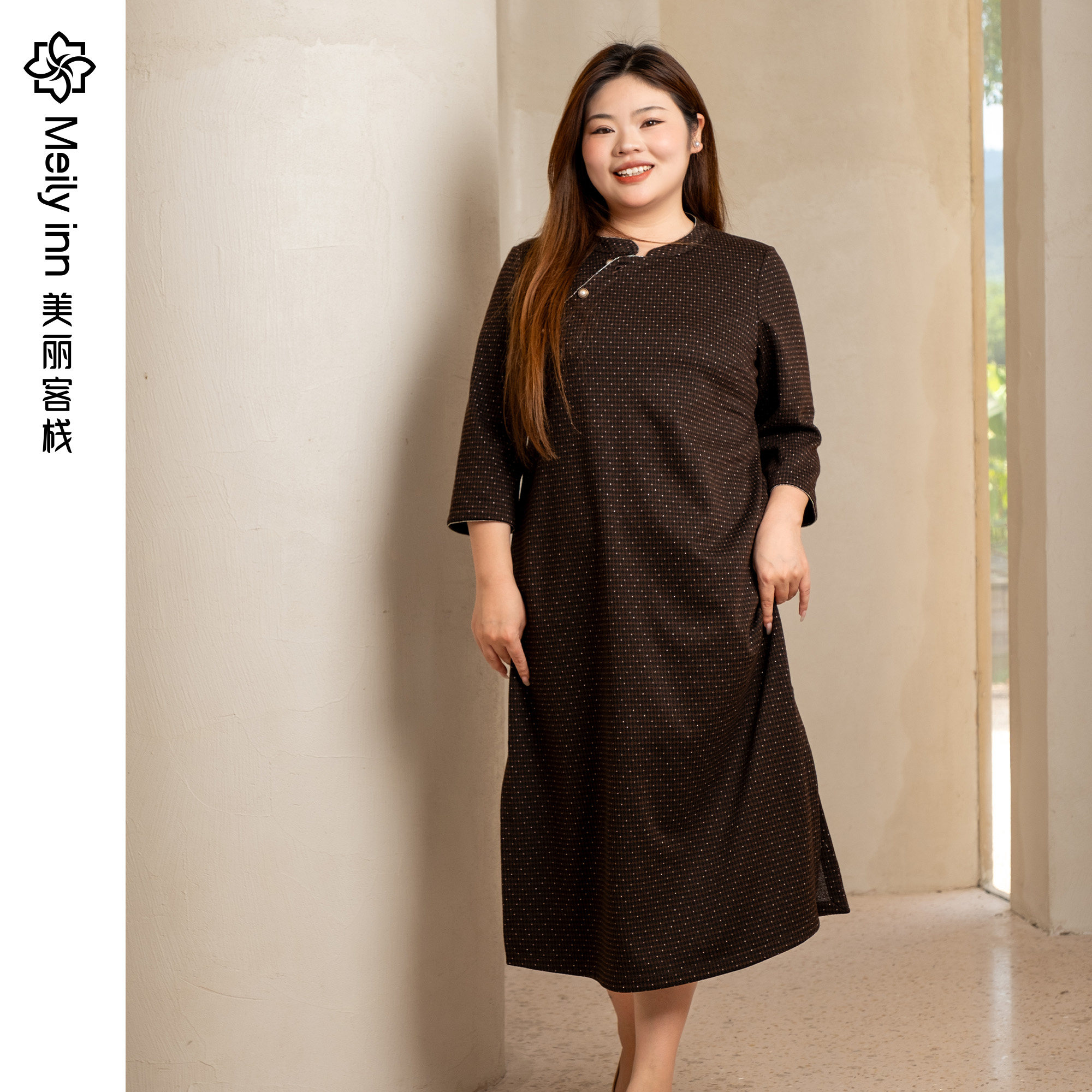 美丽客栈高端新中式改良连衣裙女大码胖mm春秋百搭针织复古感长裙