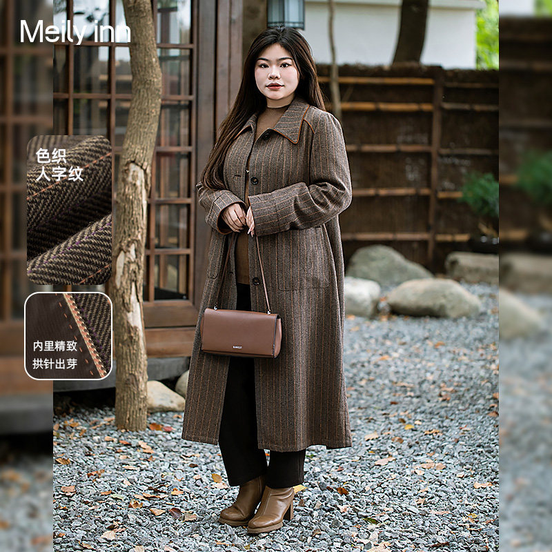 美丽客栈八零九零大衣女秋冬高级感大码胖MM条纹复古风中长款外套