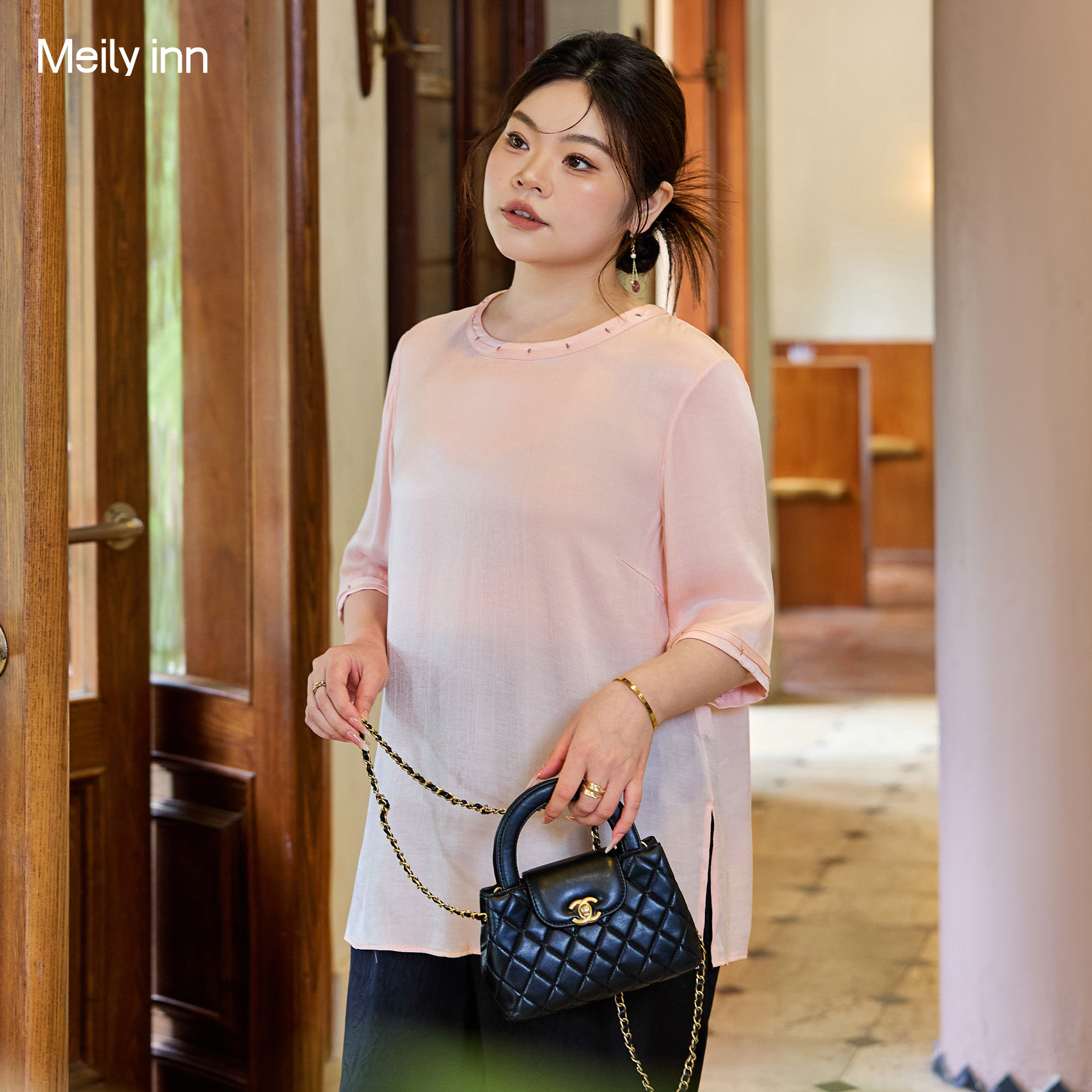 美丽客栈大码女装2025胖mm中长款上衣宽松显瘦遮肚正肩七分袖T恤