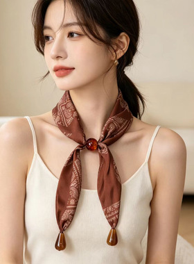 秋季复古腰果花抽拉丝巾女百搭领巾飘带款时尚高级感假领子围巾