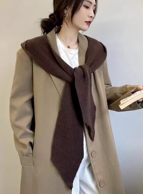 秋冬季新款针织连帽一体披肩女纯色保暖时尚叠穿坎肩百搭韩系围巾
