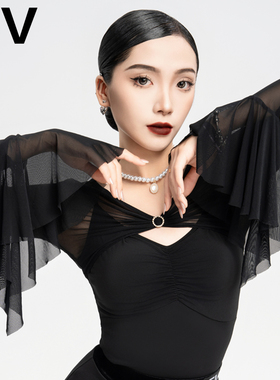 IFV摩登舞国标舞拉丁舞袖套坎肩外搭弹力网纱上衣新款表演服1035