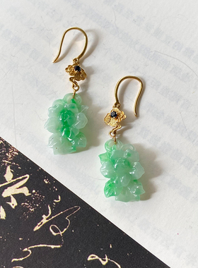 原创新品翡翠玉石冰种阳绿色缅甸18K耳勾 富贵牡丹国风新中式耳饰