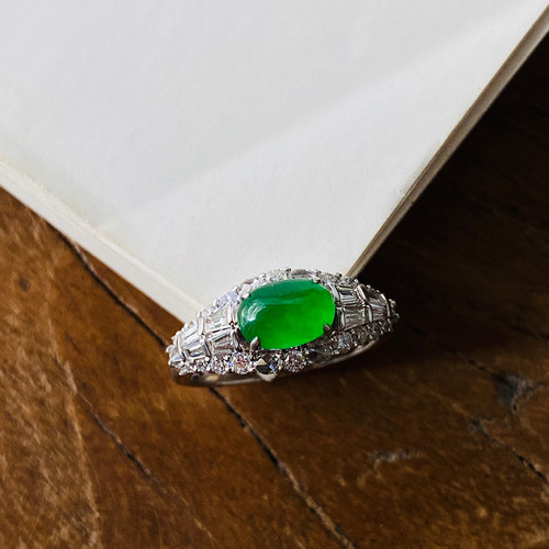 现货稀缺正阳绿翡翠戒指蛋面起光18K白复古高级感精品珠宝女首饰