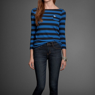 现货af小鹿abercrombie女士长袖夏季打底出街欧美条纹纯棉t恤