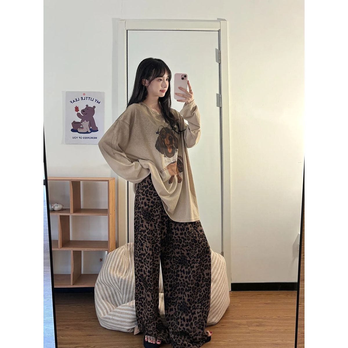 韩版卡通小狗德绒睡衣女款豹纹长裤家居服套装休闲宽松大码可外穿