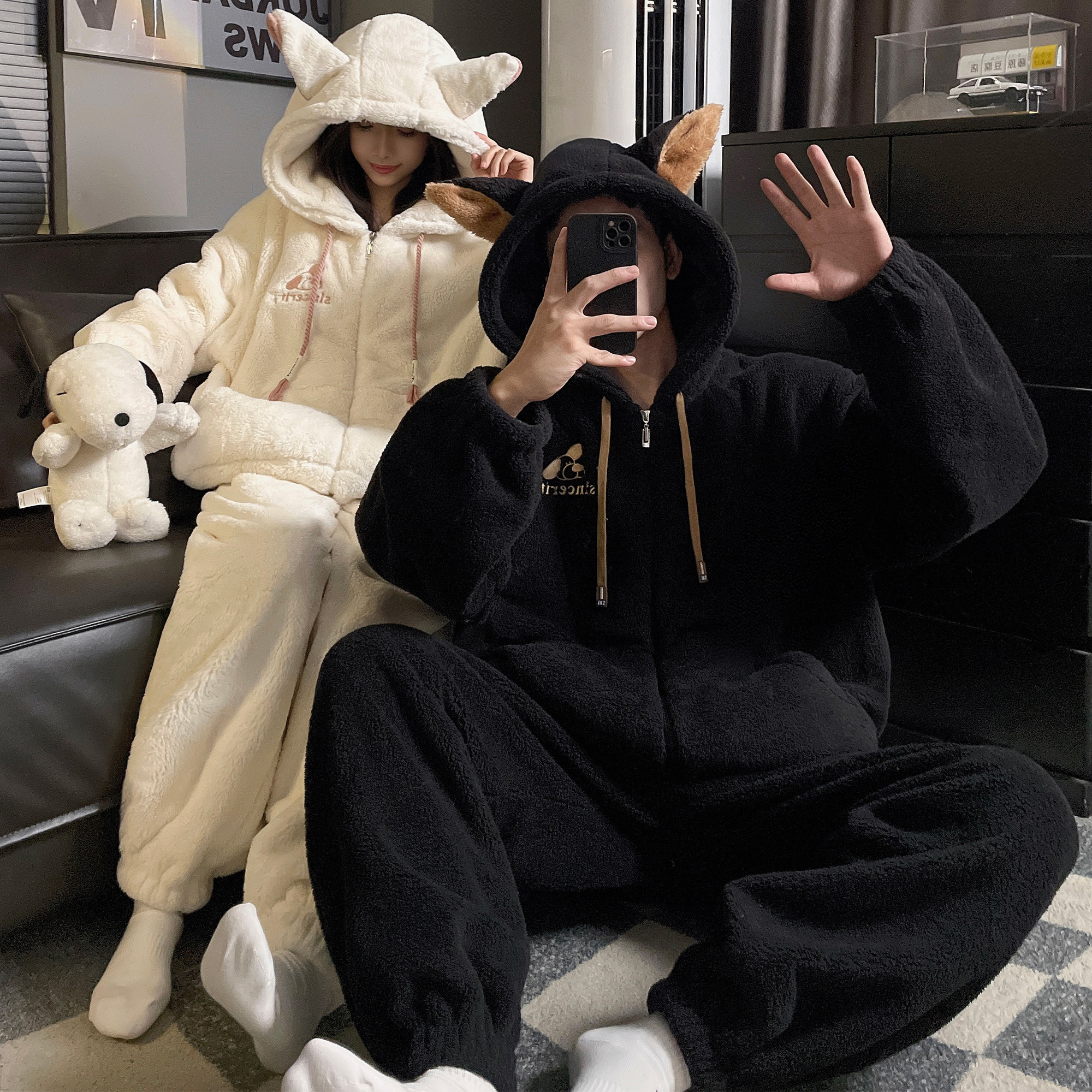 2025新款情侣睡衣女珊瑚绒秋冬季加厚加绒连帽男士休闲家居服套装,女士内衣/男士内衣/家居服,睡衣/家居服套装,淘宝优惠券,粉丝福利购,淘宝优惠卷