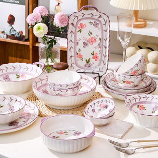 釉下彩陶瓷餐具套装家用简约碎花碗碟盘高颜值组合2024新款小清新