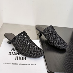 小众设计感猫跟编织凉拖女2026春夏新款 网面透气包头拖懒人穆勒拖