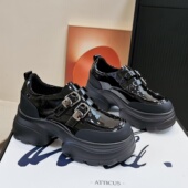 女2025秋季 新款 百搭JK单鞋 英伦风厚底6CM乐福鞋 漆皮魔术贴小皮鞋