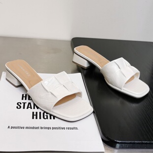 坡跟增高外穿女鞋 轻奢仙女风编织方头粗跟凉拖女2026春夏爆款 3cm