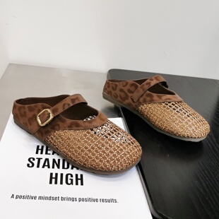 透气百搭平跟穆勒包头拖 新款 个性 豹纹镂空网面玛丽珍拖女2026夏季